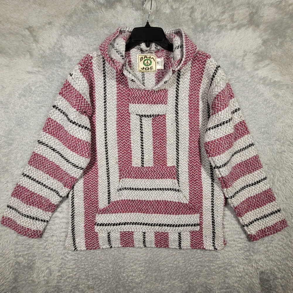 Baja Joe Drug Rug Hoodie Pullover Striped Grey Pink Black Mens Medium‎